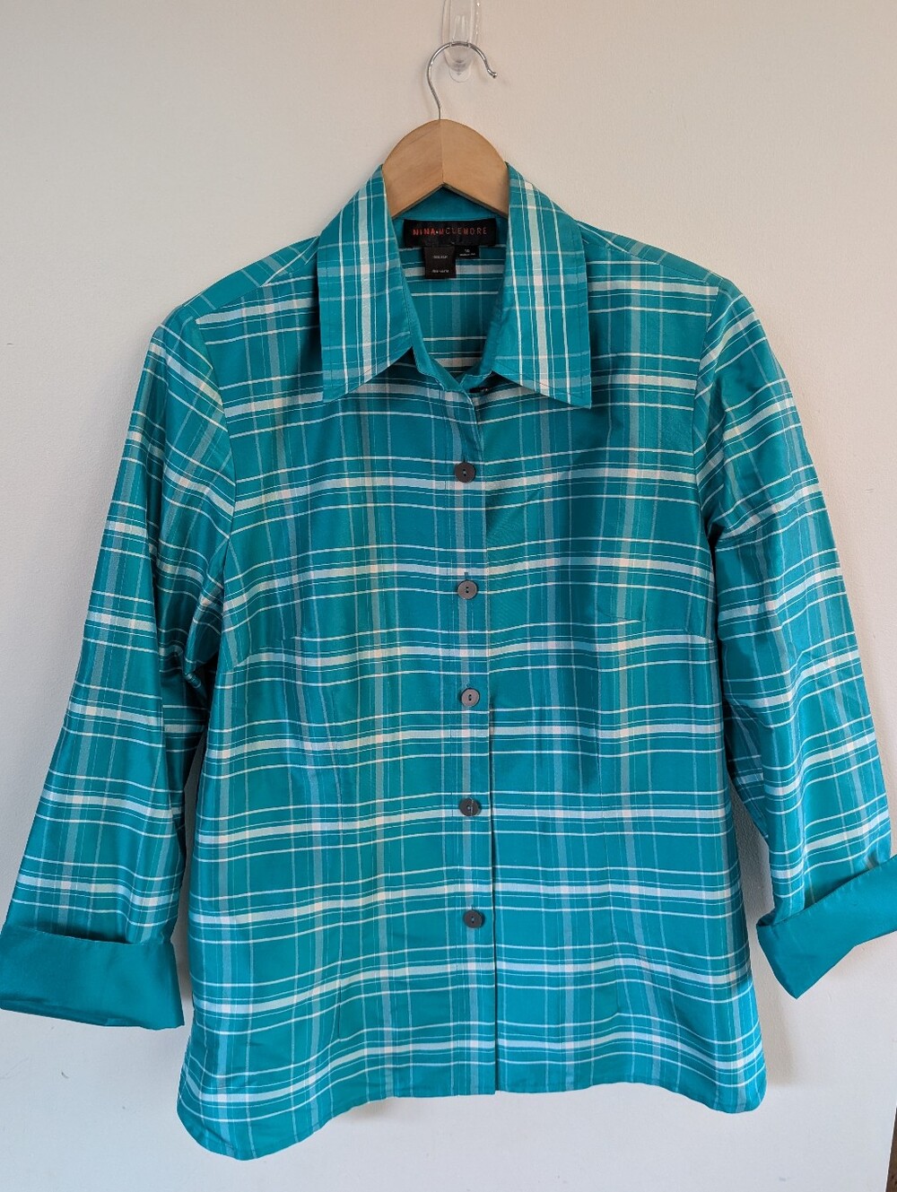 Nina Mclemore 100% Silk Tattersall Silk Dupioni Plaid Shirt Blue Cuffs Size 10